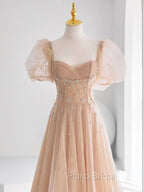 Chamapgne Beaded Short Sleeves Tulle A-line Formal Prom Dresses, Champagne Party Dresses