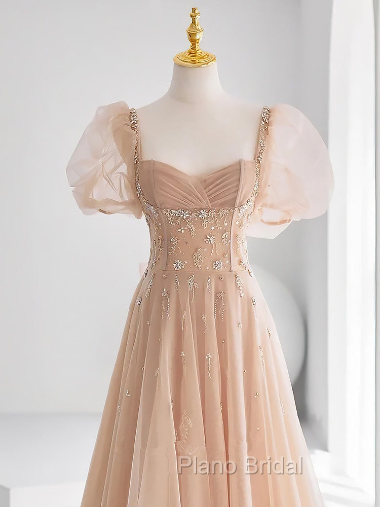 Chamapgne Beaded Short Sleeves Tulle A-line Formal Prom Dresses, Champagne Party Dresses