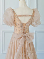 Chamapgne Beaded Short Sleeves Tulle A-line Formal Prom Dresses, Champagne Party Dresses