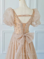 Chamapgne Beaded Short Sleeves Tulle A-line Formal Prom Dresses, Champagne Party Dresses