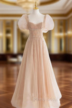 Chamapgne Beaded Short Sleeves Tulle A-line Formal Prom Dresses, Champagne Party Dresses