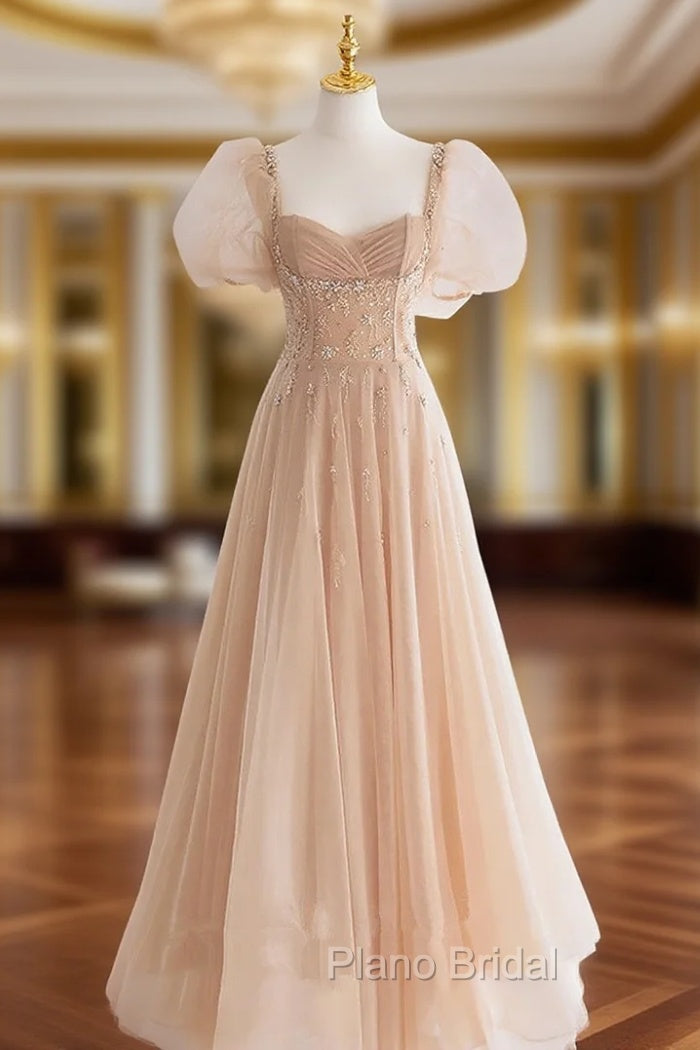 Chamapgne Beaded Short Sleeves Tulle A-line Formal Prom Dresses, Champagne Party Dresses