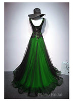 Chaming Black And Green Tulle V-Neckline Long Party Dresses, Beautiful V-Neckline Formal Prom Dresses