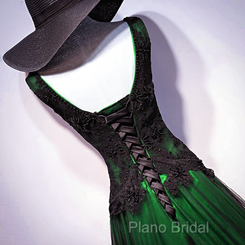 Chaming Black And Green Tulle V-Neckline Long Party Dresses, Beautiful V-Neckline Formal Prom Dresses