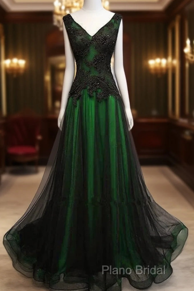 Chaming Black And Green Tulle V-Neckline Long Party Dresses, Beautiful V-Neckline Formal Prom Dresses Main image