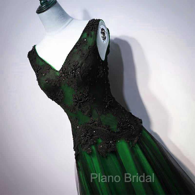 Chaming Black and Green Tulle V-neckline Long Party Dresses, V-neckline Formal Prom Dresses Secondary image