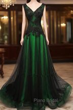 Chaming Black and Green Tulle V-neckline Long Party Dresses, V-neckline Formal Prom Dresses