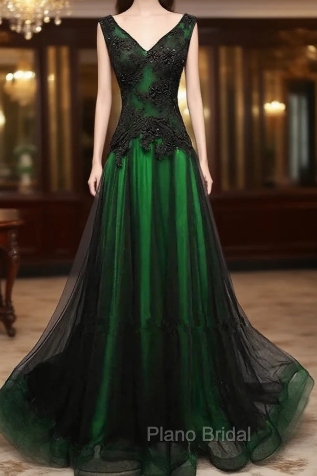 Chaming Black and Green Tulle V-neckline Long Party Dresses, V-neckline Formal Prom Dresses Main image