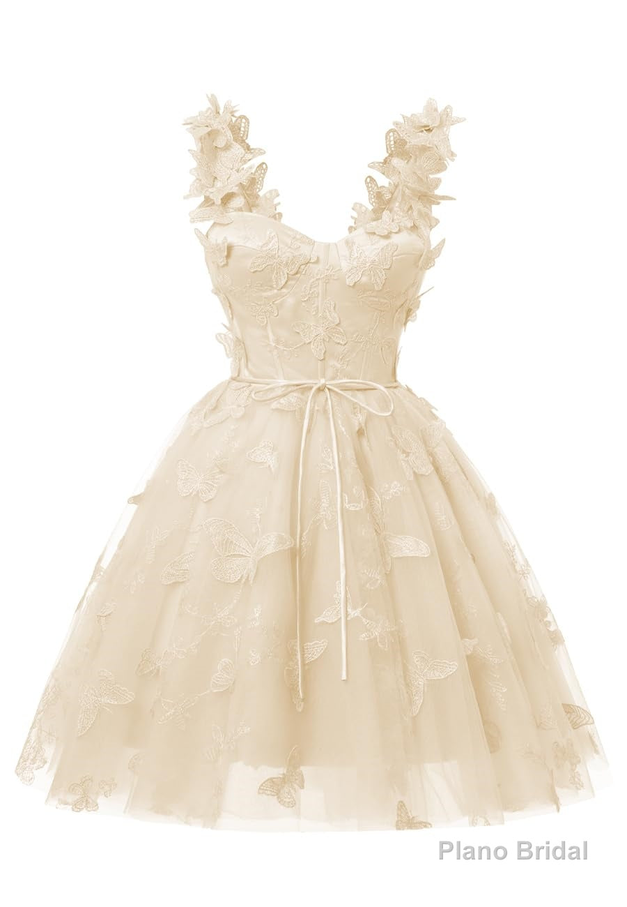 Champagne 3D Butterfly Lace Applique Tulle Homecoming Dress for Teens Sweetheart Mini Short Prom Dresses Secondary image