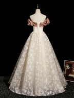 Champagne A-Line Lace Long Formal Prom Dresses, Champagne Long Prom Dresses