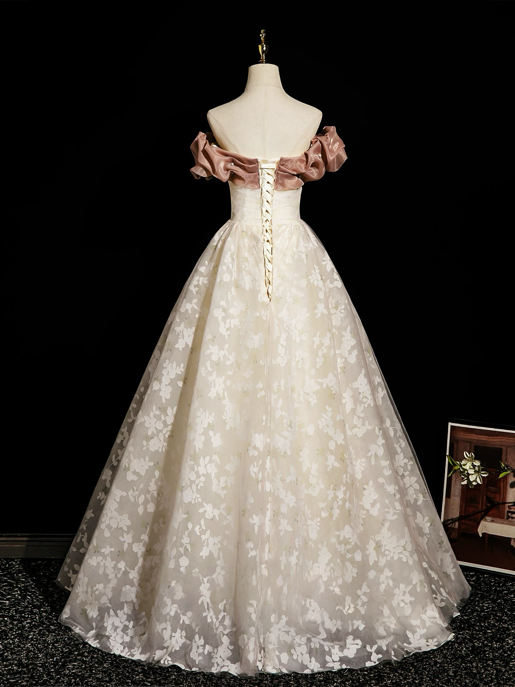 Champagne A-Line Lace Long Formal Prom Dresses, Champagne Long Prom Dresses