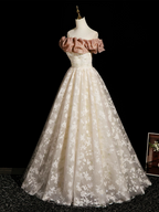 Champagne A-Line Lace Long Formal Prom Dresses, Champagne Long Prom Dresses