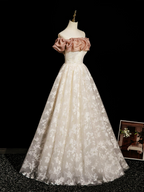 Champagne A-Line Lace Long Formal Prom Dresses, Champagne Long Prom Dresses
