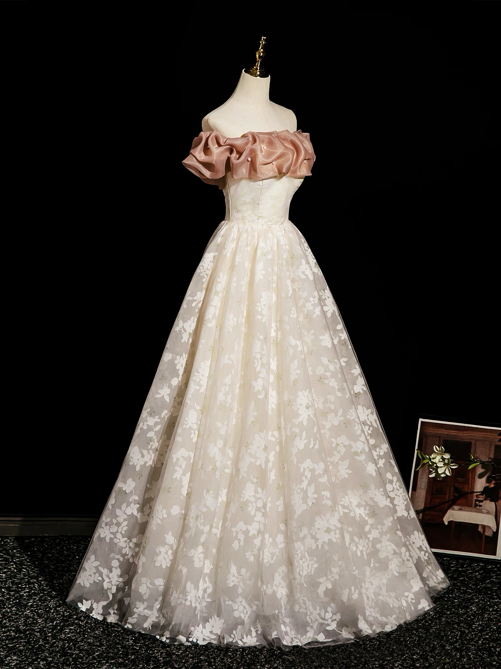 Champagne A-Line Lace Long Formal Prom Dresses, Champagne Long Prom Dresses