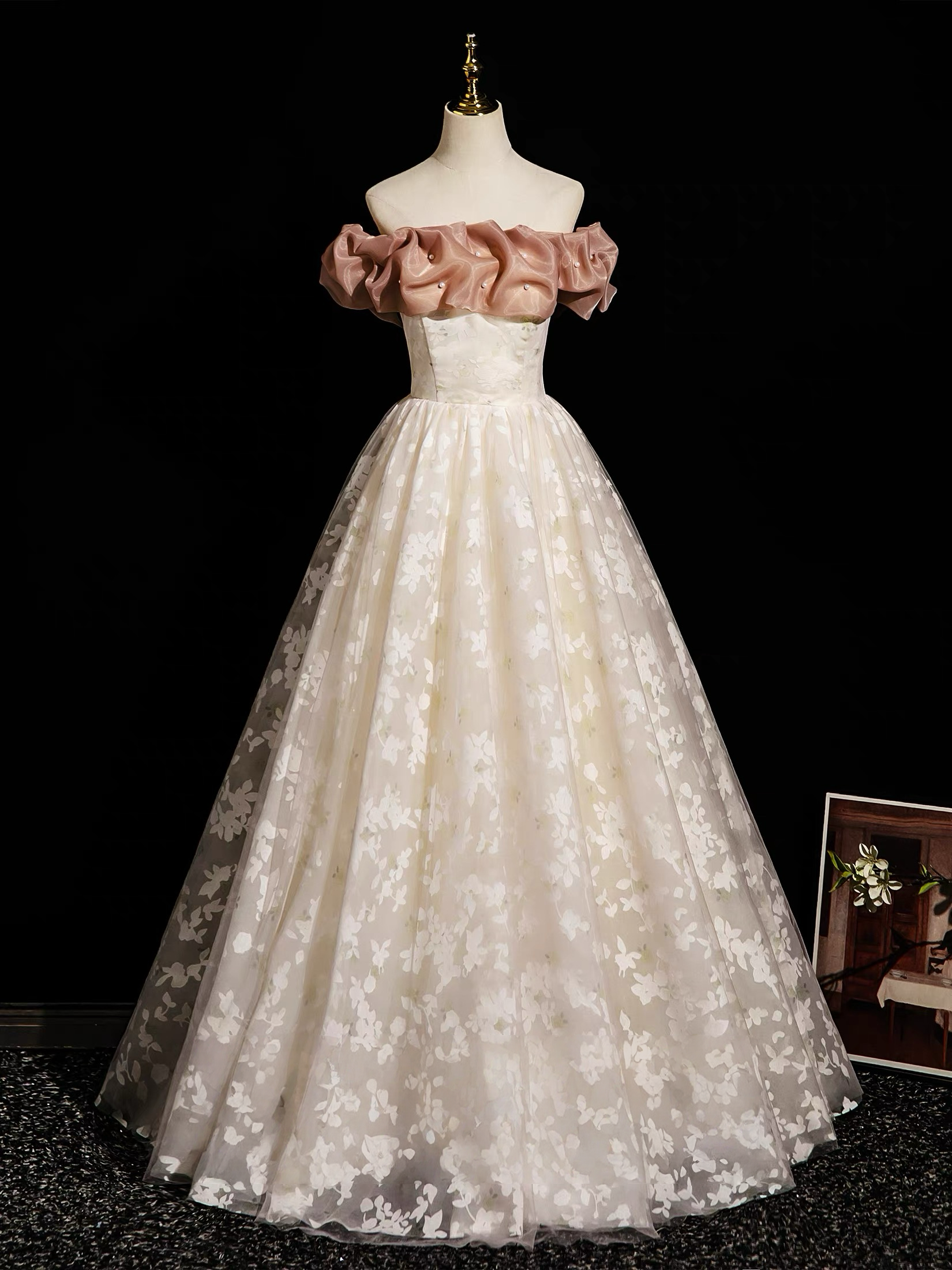 Champagne A-Line Lace Long Formal Prom Dresses, Champagne Long Prom Dresses