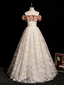 Champagne A-Line Lace Long Formal Prom Dresses, Champagne Long Prom Dresses