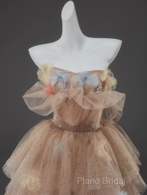 Champagne A-Line Off Shoulder Tulle Sequin Long Ball Dresses Cute Layered Dresses Secondary image