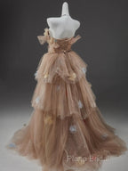 Champagne A-Line Off Shoulder Tulle Sequin Long Ball Dresses Cute Layered Dresses