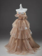 Champagne A-Line Off Shoulder Tulle Sequin Long Ball Dresses Cute Layered Dresses