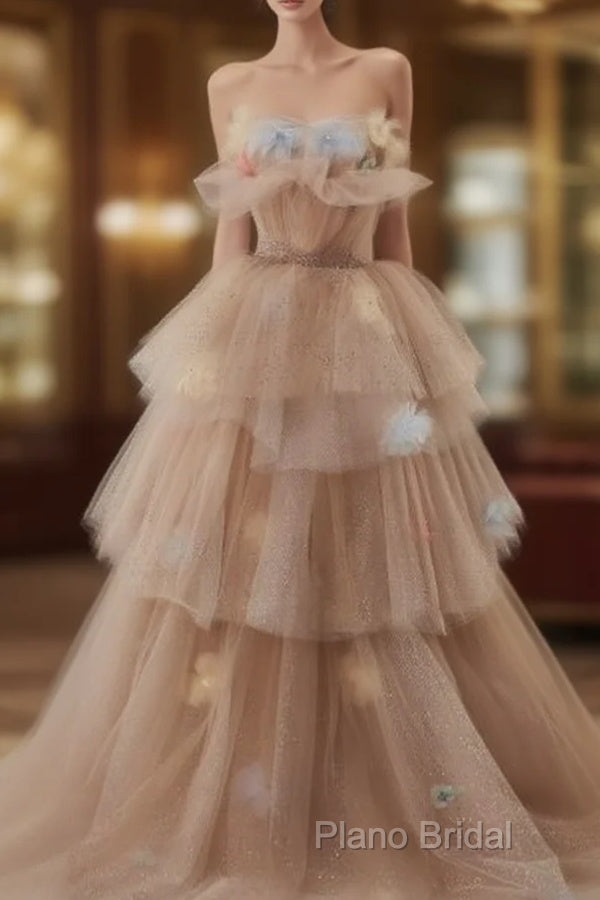 Champagne A-Line Off Shoulder Tulle Sequin Long Ball Dresses Cute Layered Dresses Main image
