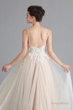 Champagne A-line Prom Dresses with Lace Top