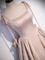 Champagne A-Line Satin Long Formal Prom Dresses, Champagne Evening Dresses