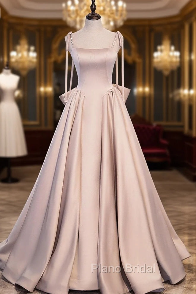 Champagne A-Line Satin Long Formal Prom Dresses, Champagne Evening Dresses Main image