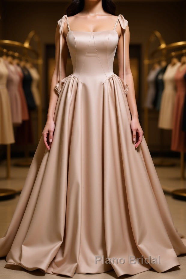 Champagne A-Line Satin Long Formal Prom Dress, Champagne Formal Evening Dress Main image