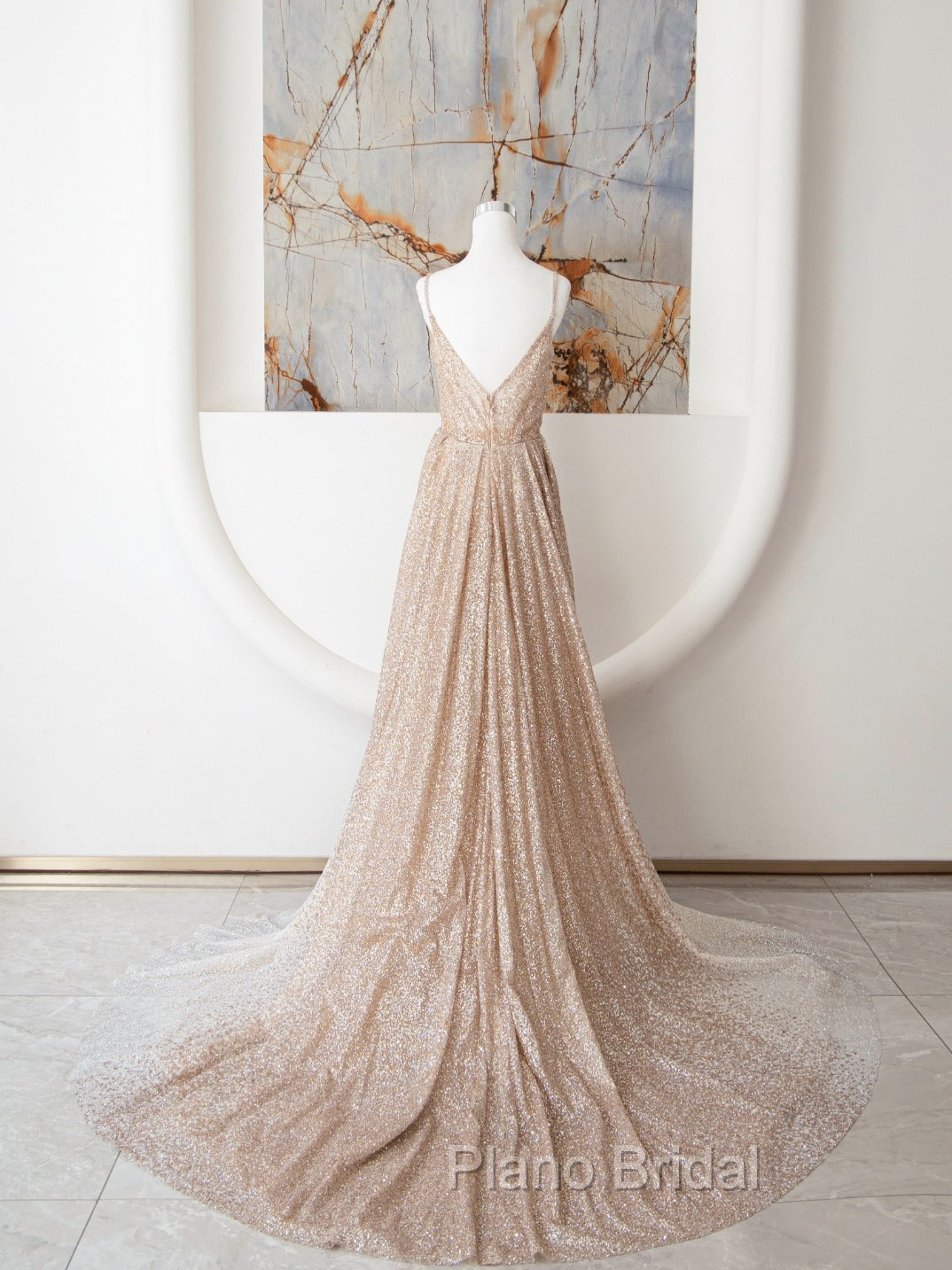 Champagne A Line Spaghetti Strap Sequins Long Formal Prom Dresses Evening Dresses Secondary image