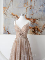 Champagne A Line Spaghetti Strap Sequins Long Formal Prom Dresses Evening Dresses