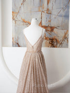 Champagne A Line Spaghetti Strap Sequins Long Formal Prom Dresses Evening Dresses