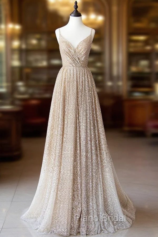 Champagne A Line Spaghetti Strap Sequins Long Formal Prom Dresses Evening Dresses Main image