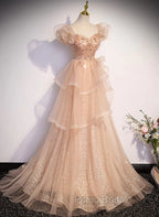 Champagne A-Line Tulle BeadedLong Formal Prom Dresses, Champagne Formal Dresses