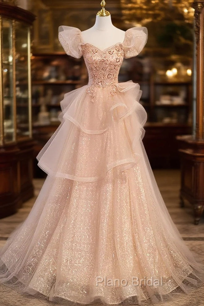 Champagne A-Line Tulle BeadedLong Formal Prom Dresses, Champagne Formal Dresses Main image
