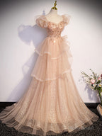 Champagne A-Line Tulle Beading Long Prom Dress, Champagne Formal Dresses