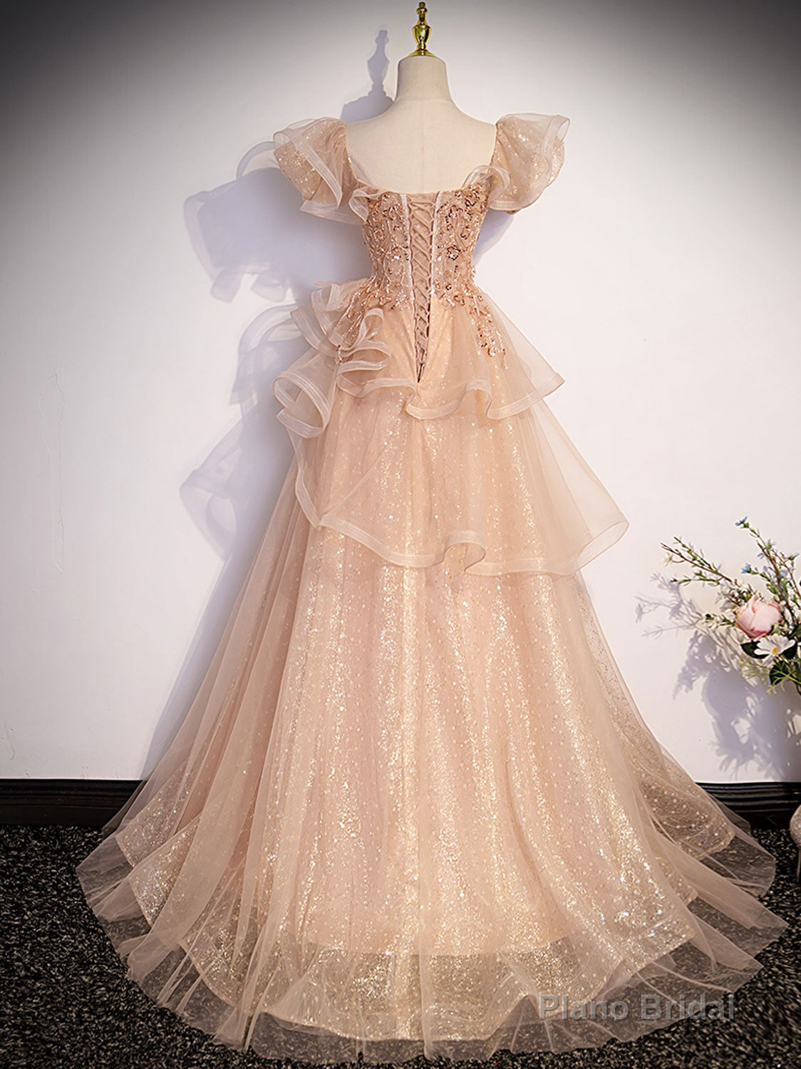 Champagne A-Line Tulle Beading Long Prom Dress, Champagne Formal Dresses Main image