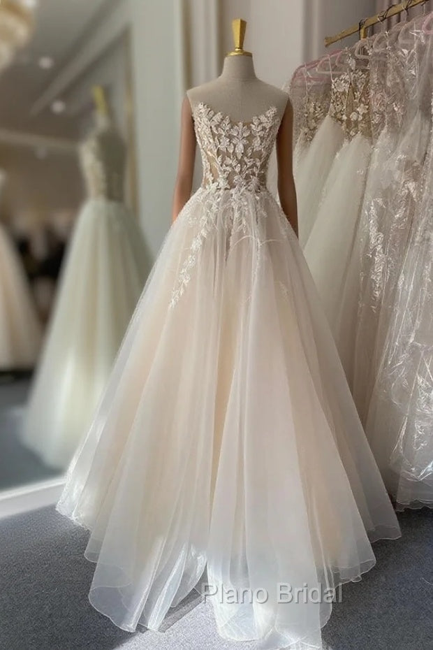 Champagne A -line Tulle Lace Long Formal Prom Dresses, Lace Formal Evening Dresses