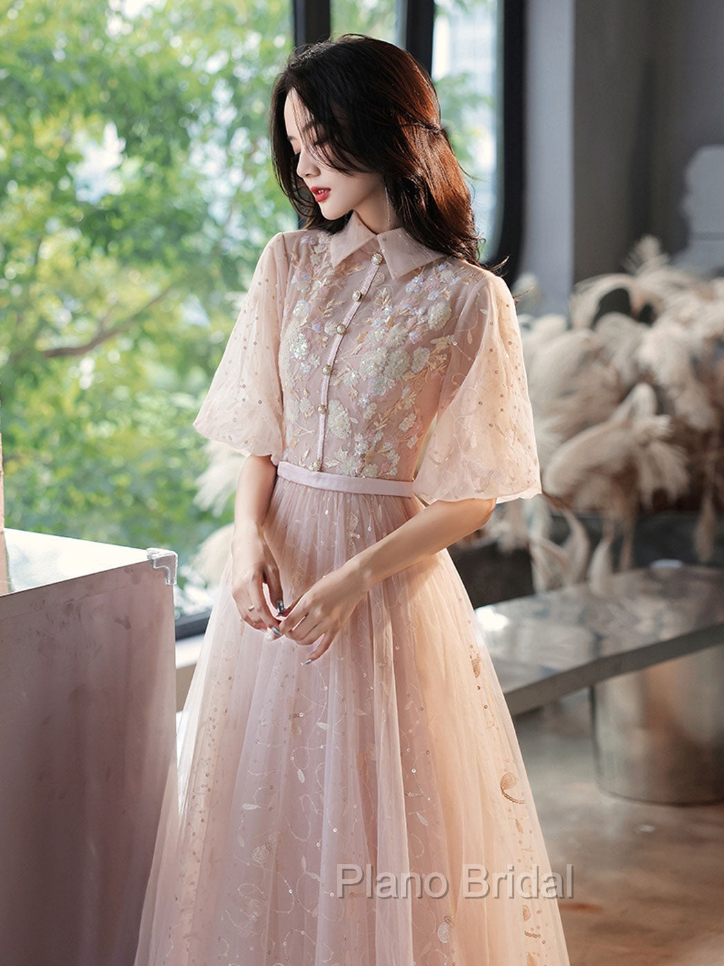 Champagne A-Line Tulle Lace Long Formal Prom Dresses, Champagne Formal Dresses