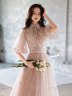 Champagne A-Line Tulle Lace Long Formal Prom Dresses, Champagne Formal Dresses