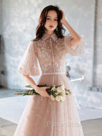 Champagne A-Line Tulle Lace Long Formal Prom Dresses, Champagne Formal Dresses