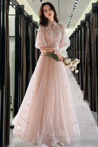 Champagne A-Line Tulle Lace Long Formal Prom Dresses, Champagne Formal Dresses