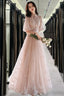 Champagne A-Line Tulle Lace Long Formal Prom Dresses, Champagne Formal Dresses