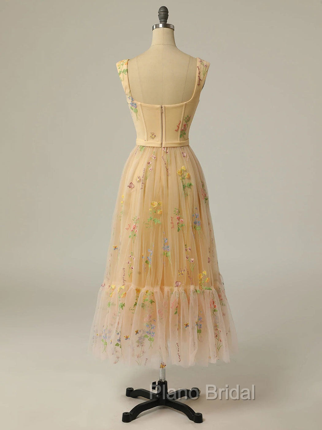 Champagne A Line Tulle Lace Tea Length Formal Prom Dresses, Champagne Evening Dresses Secondary image