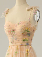 Champagne A Line Tulle Lace Tea Length Formal Prom Dresses, Champagne Evening Dresses