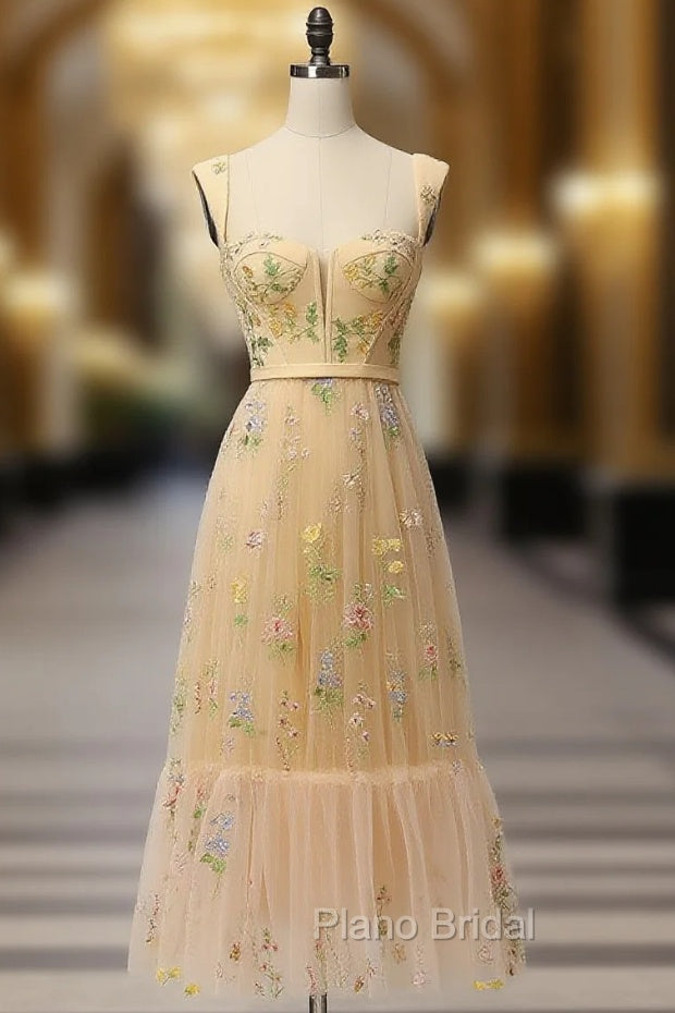 Champagne A Line Tulle Lace Tea Length Formal Prom Dresses, Champagne Evening Dresses
