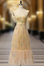 Champagne A Line Tulle Lace Tea Length Formal Prom Dresses, Champagne Evening Dresses