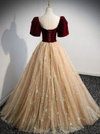 Champagne A Line Tulle Long Formal Prom Dresses, Champagne Prom Dresses
