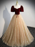 Champagne A Line Tulle Long Formal Prom Dresses, Champagne Prom Dresses