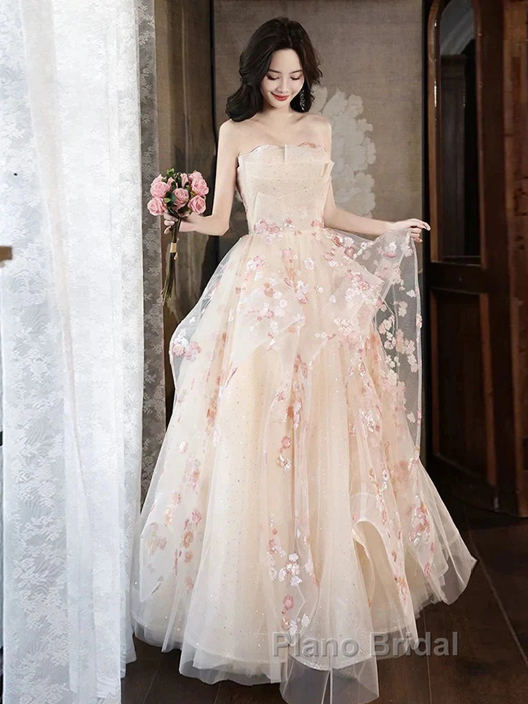 Champagne A-Line Tulle Sequins Long Formal Prom Dresses Embroidery Applique Formal Evening Dresses