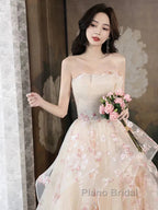 Champagne A-Line Tulle Sequins Long Formal Prom Dresses Embroidery Applique Formal Evening Dresses